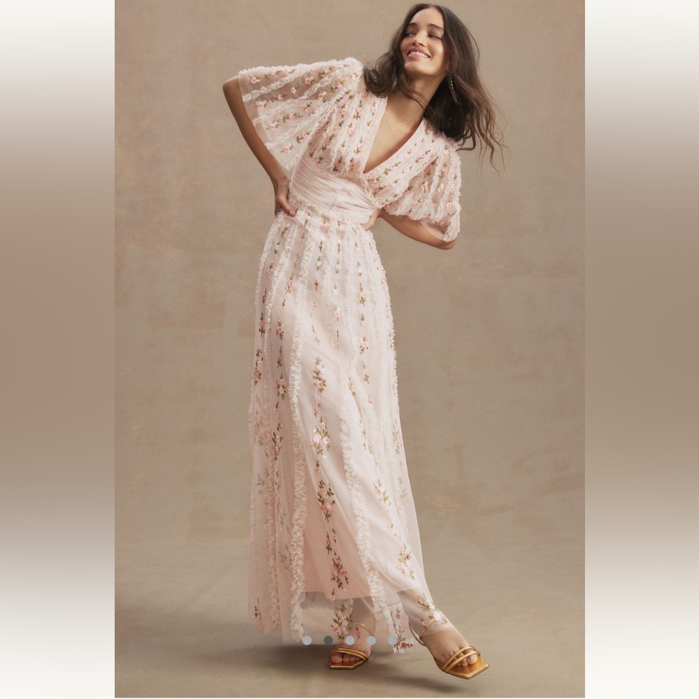 NWT Floral V-Neck Gown with fine embroidery and beadwork.